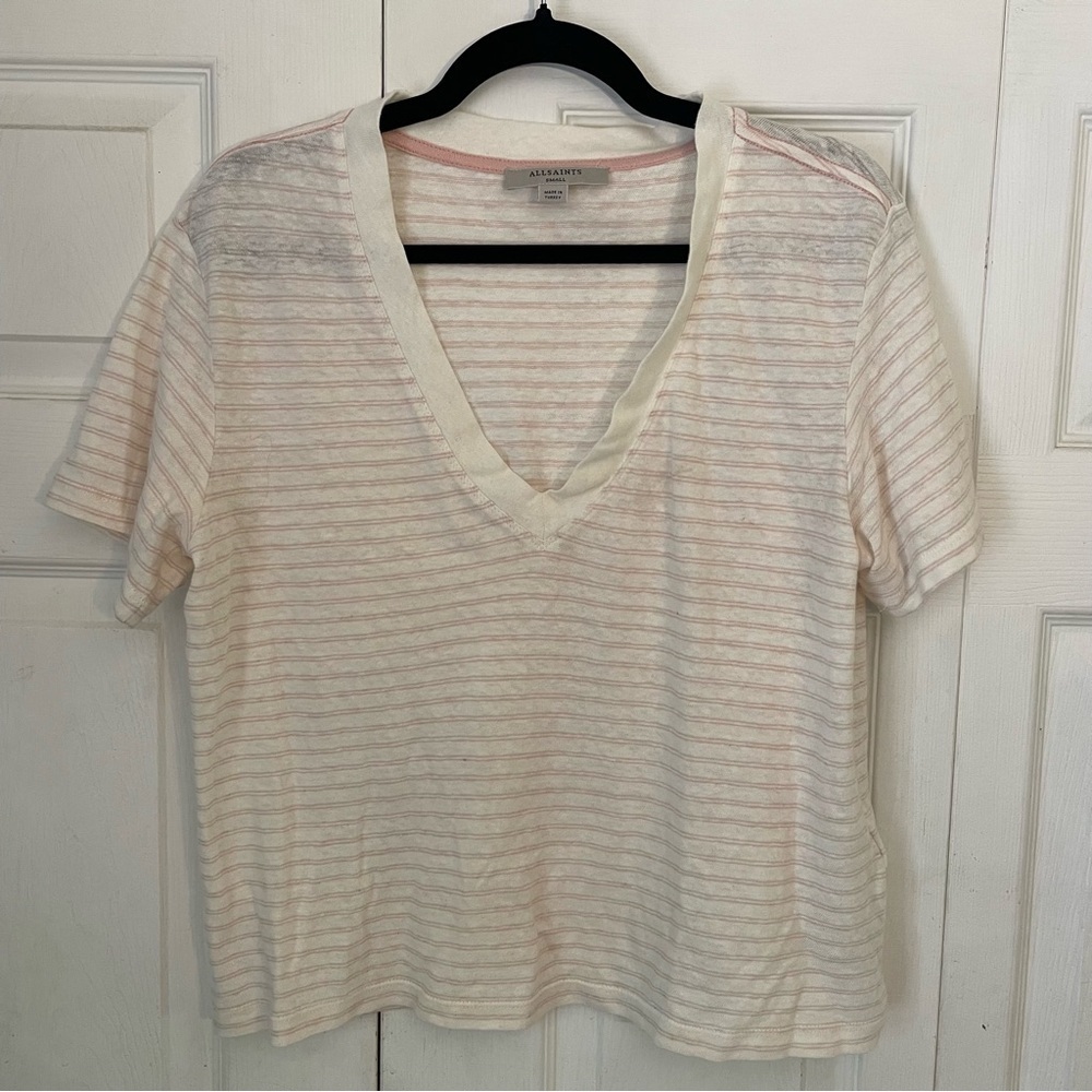 All Saints White V Neck Striped Cropped Tee Shirt Small